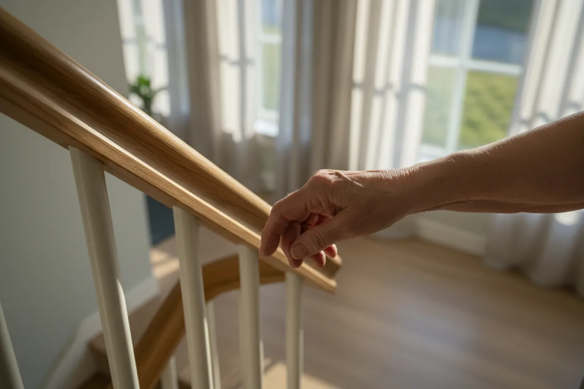 Hand einer älteren Frau am Treppengeländer im weichen Tageslicht — Hilfe und Sicherheit nach einem Sturz im Alter
