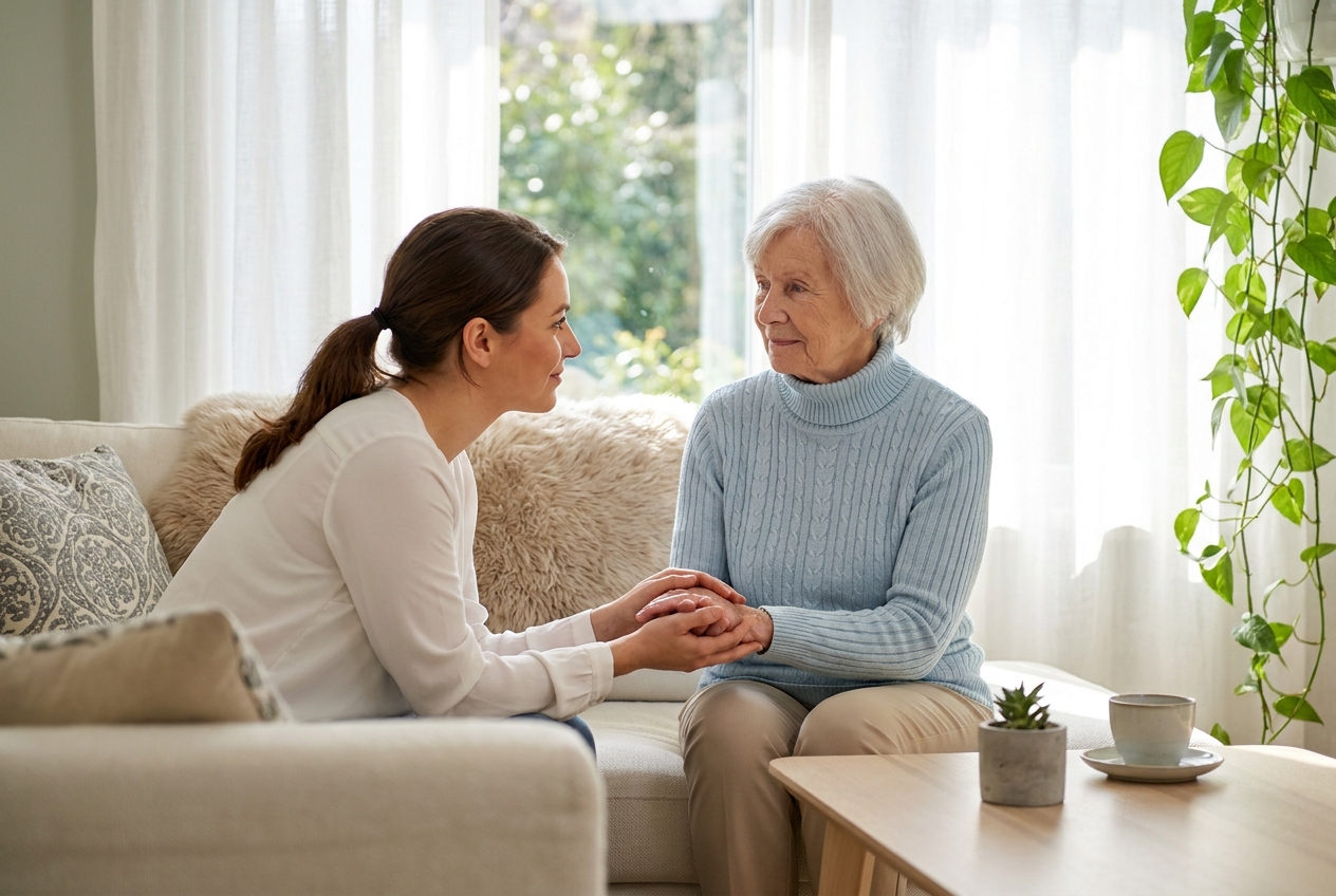 Pflegerin und Seniorin im Wohnzimmer